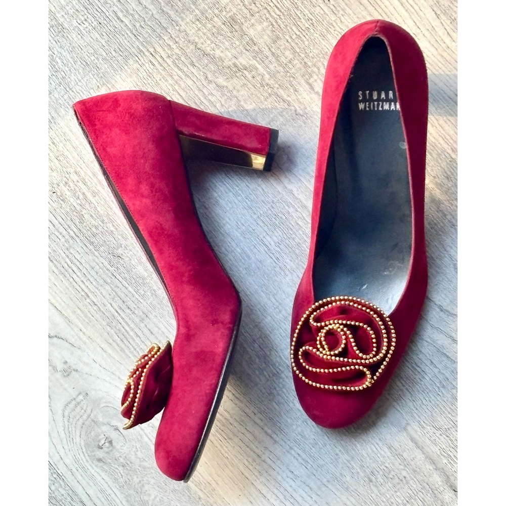 Stuart Weitzman Red Mary Jane Heel Shoes with Gold Detail Accents-Size 8 M